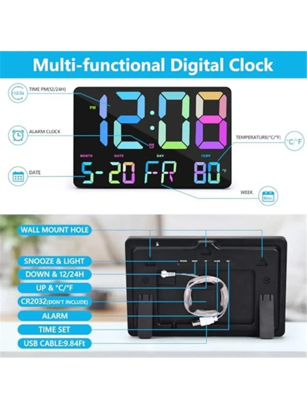 Large LED Digital Wall Clock Remote Alarm Temperature Date Heavy Sleeper